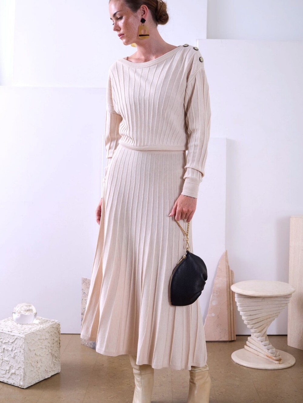 Cyrus Knit Midi Skirt Set in Cream